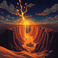 Um raio dourado rasga o céu sobre o deserto