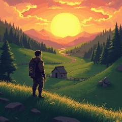 Um aventureiro olha o Vale Sereno ao pôr do sol
